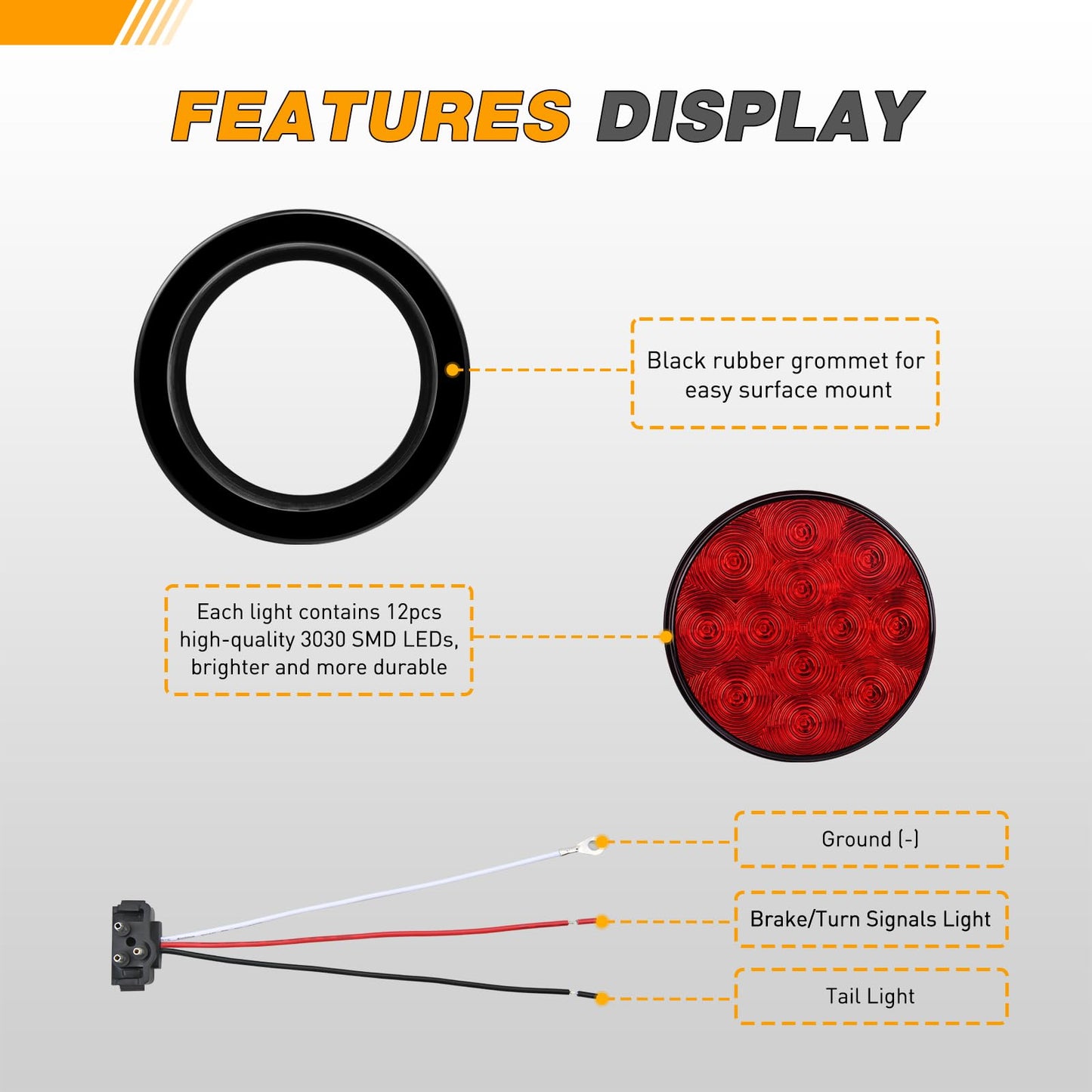 GOOACC Trailer Tail Light 12LED Red Stop Brake Turn Signals 4Inch 2PCS IP67 Waterproof Model Tail-11