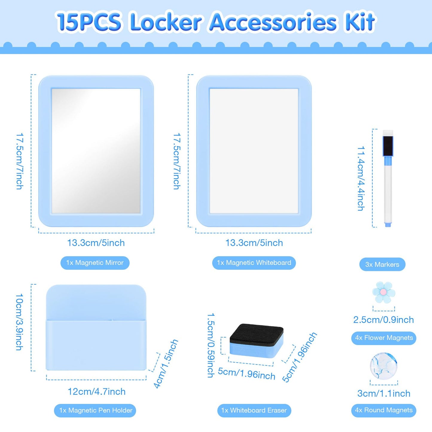 MoKo Locker Accessories Set, 15PCS Back to School Supplies Includes Magnetic Mirror, Whiteboard, Markers, Pen Holder, Magnets, Locker Organizer for School Office (Blue)