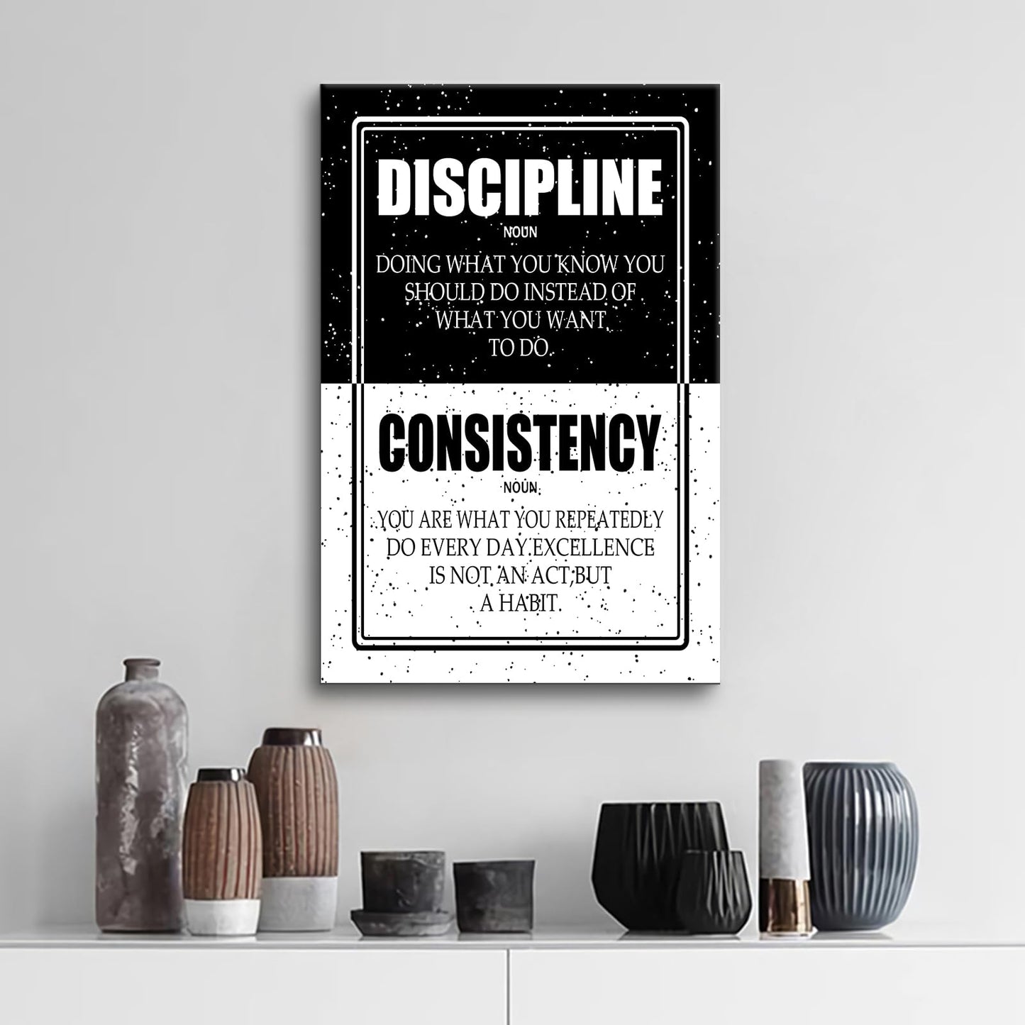 PSYYSP Discipline Consistency Framed Canvas Wall Art, Black and White Motivational Definition Poster, Inspirational Habit Typography Print for Home Office, Bedroom, Dorm, Study Room Decor, 18x12 Inch
