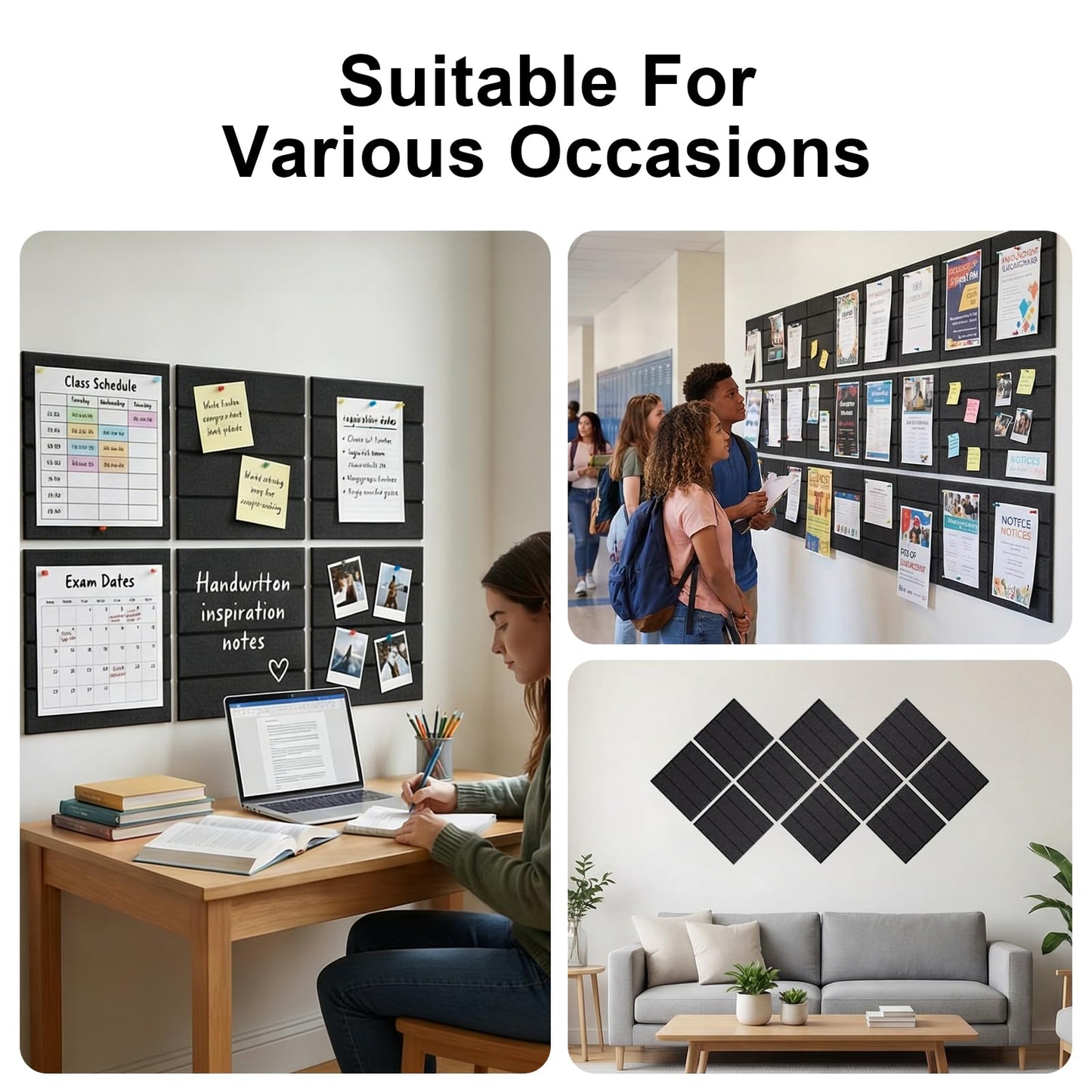 Acrridi Large Felt Bulletin Board with Self-Adhesive, 48" x 36", Black, Cork Board Alternative, 12 Pack with 36 Pushpins for Wall Home Office Decor