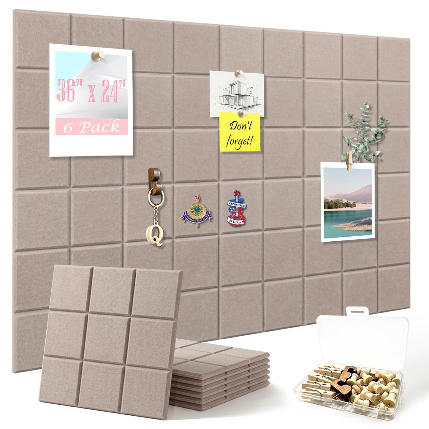 Large Felt Bulletin Board - 36" x 24" Self-Adhesive Felt Wall Tiles, Cork Boards Alternative, 6 Pack with 30 Wooden Push Pins, Cork Board for Walls, Office, Home & Classroom Decor, Pin Board - Camel