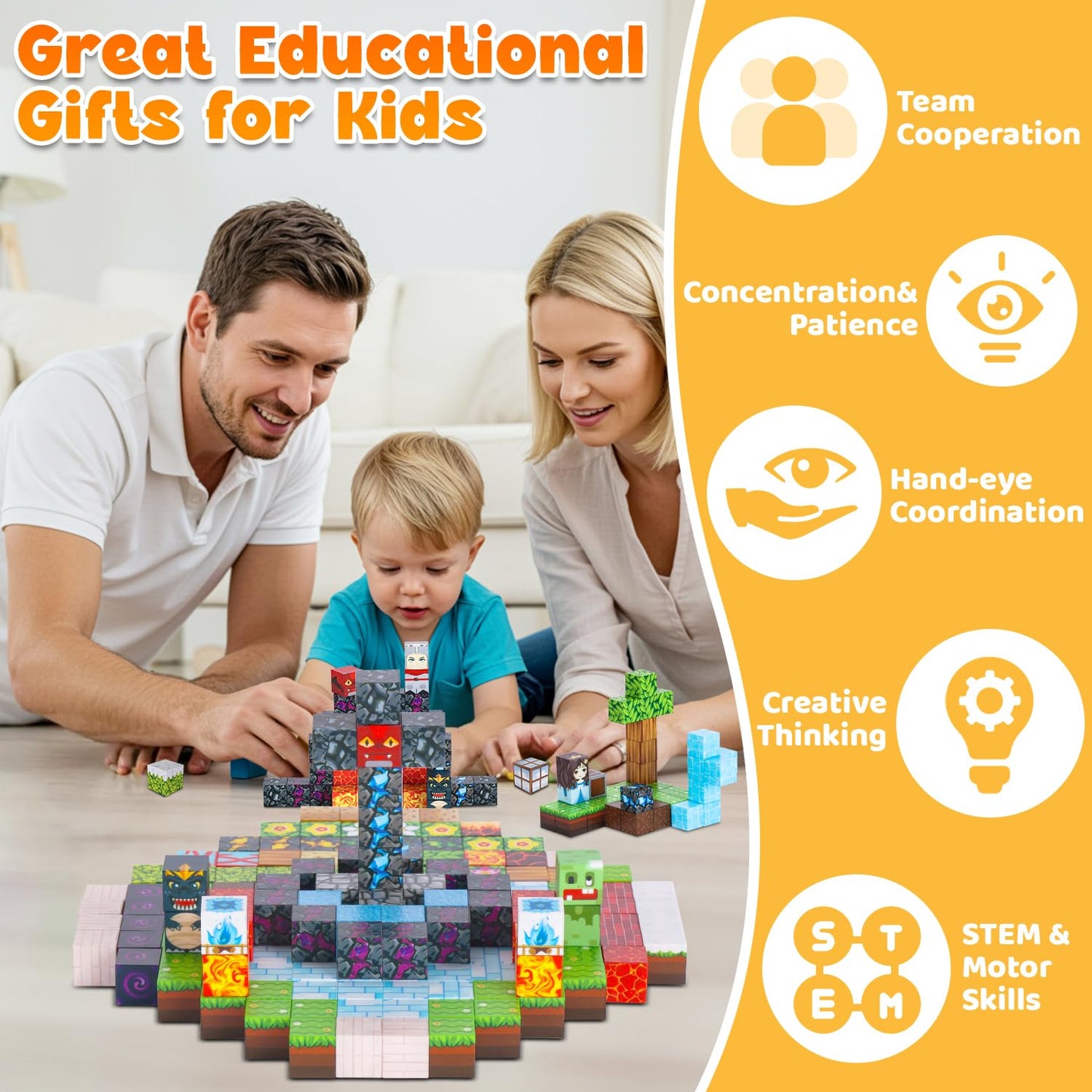 GleamJoy 200PCS Magnetic Blocks, Magnetic Building Block Cube Toys with Magnet Board for Kids, STEM Toys Gifts for Boy and Girls Age 3+ Years Old