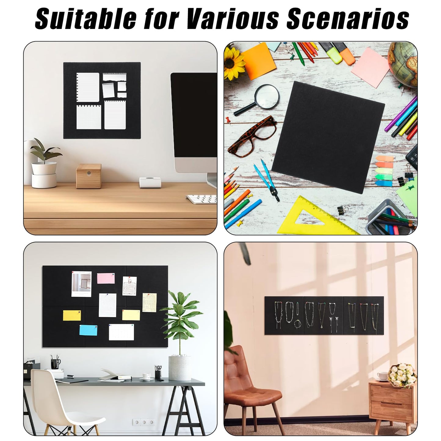 Large Cork Board 36" x 24", 6 Pack Felt Bulletin Board with 30 Pushpins, Cork Boards Alternative with Self-Adhesive Strips, Felt Wall Tiles Pin Boards for Walls Office Home School Decor-Black