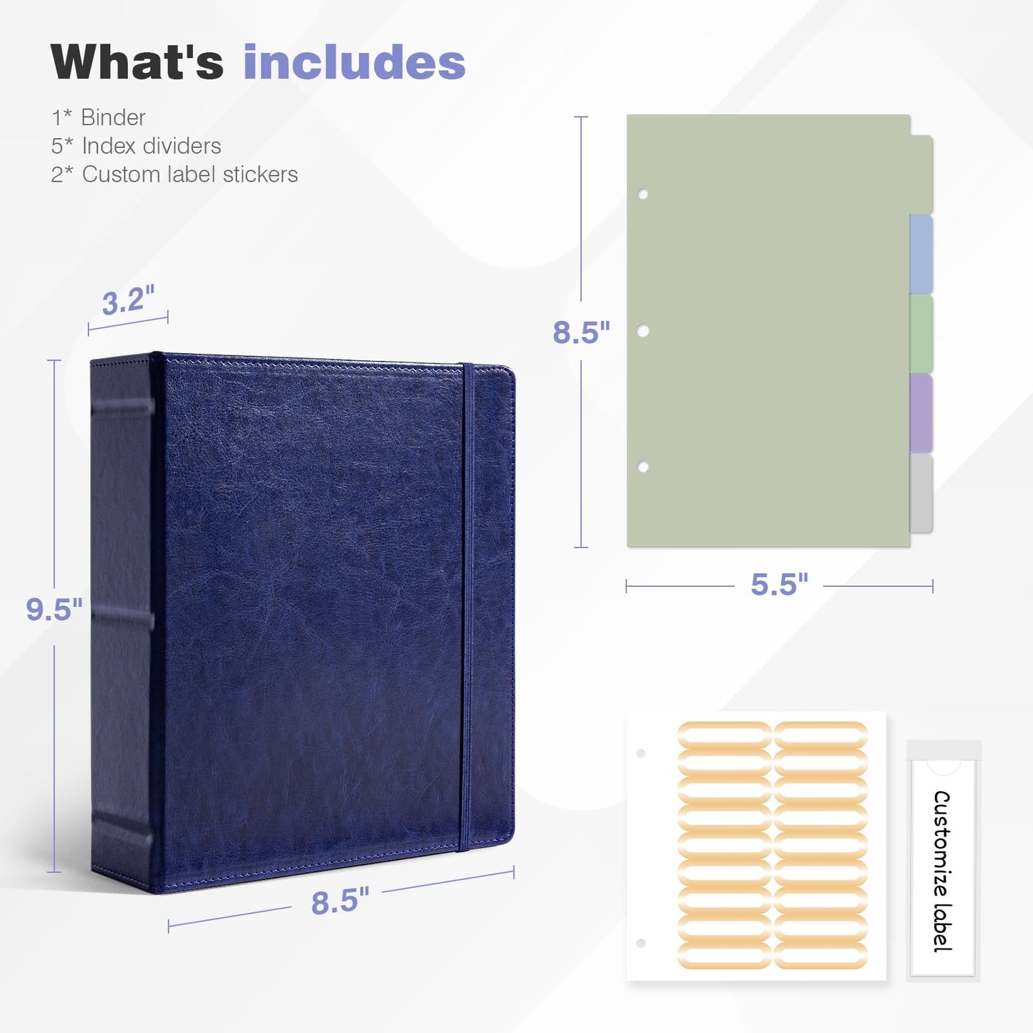 Ospelelf Leather Mini Binder Vintage Hardcover 2 Inch Rings, Professional Small 3 Ring Binders Organizer Suitable for 5.5" x 8.5" Documents, Binder Dividers with Tabs, Dark Blue