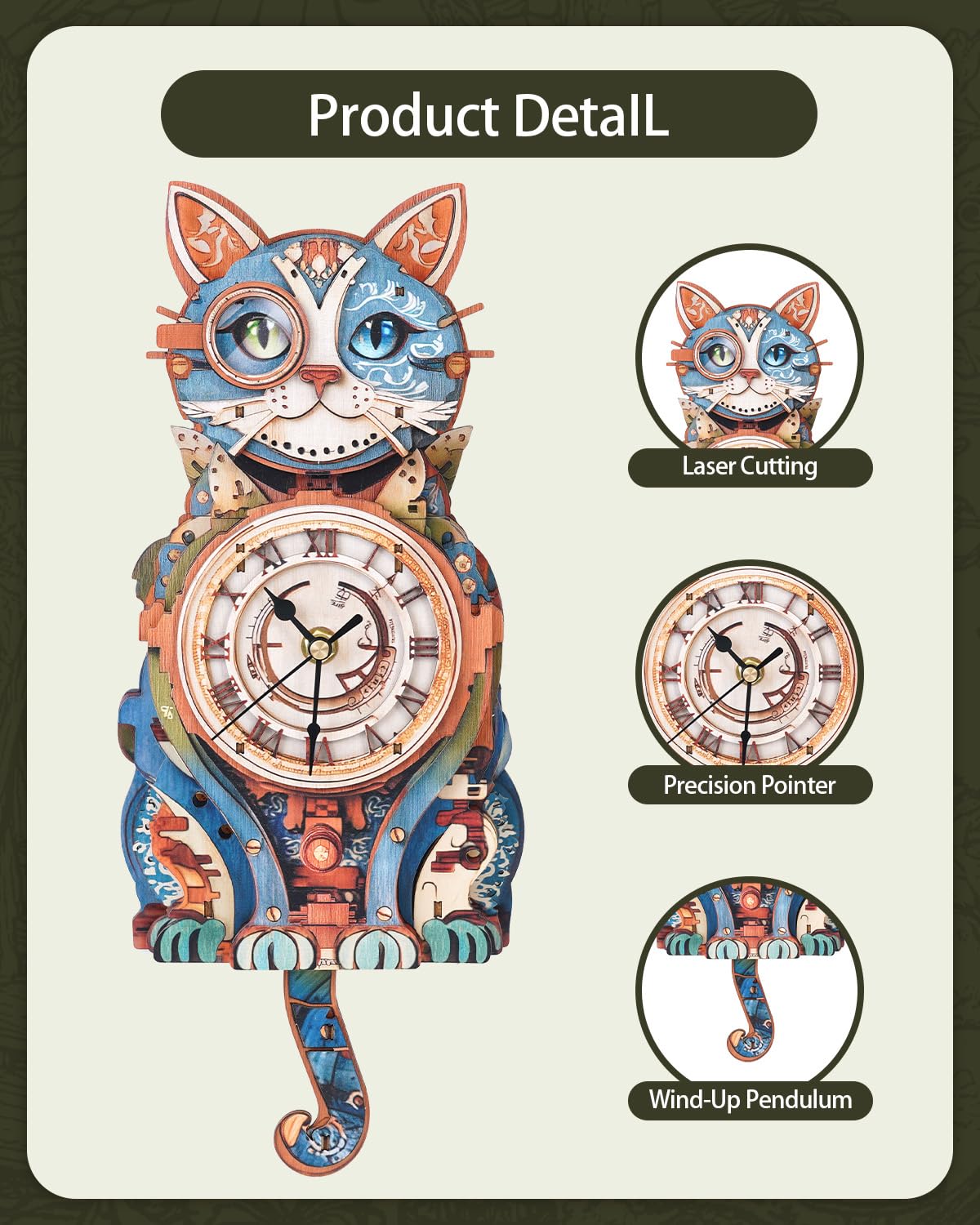 Rnfinewow 3D Wooden Puzzles for Adults, Detective Cat Clock with Pendulum Model Kit, 3D Puzzles for Adults Room Home Decor DIY Wall Clock Kit, Holiday Birthday Christmas Day Gifts for Men Women