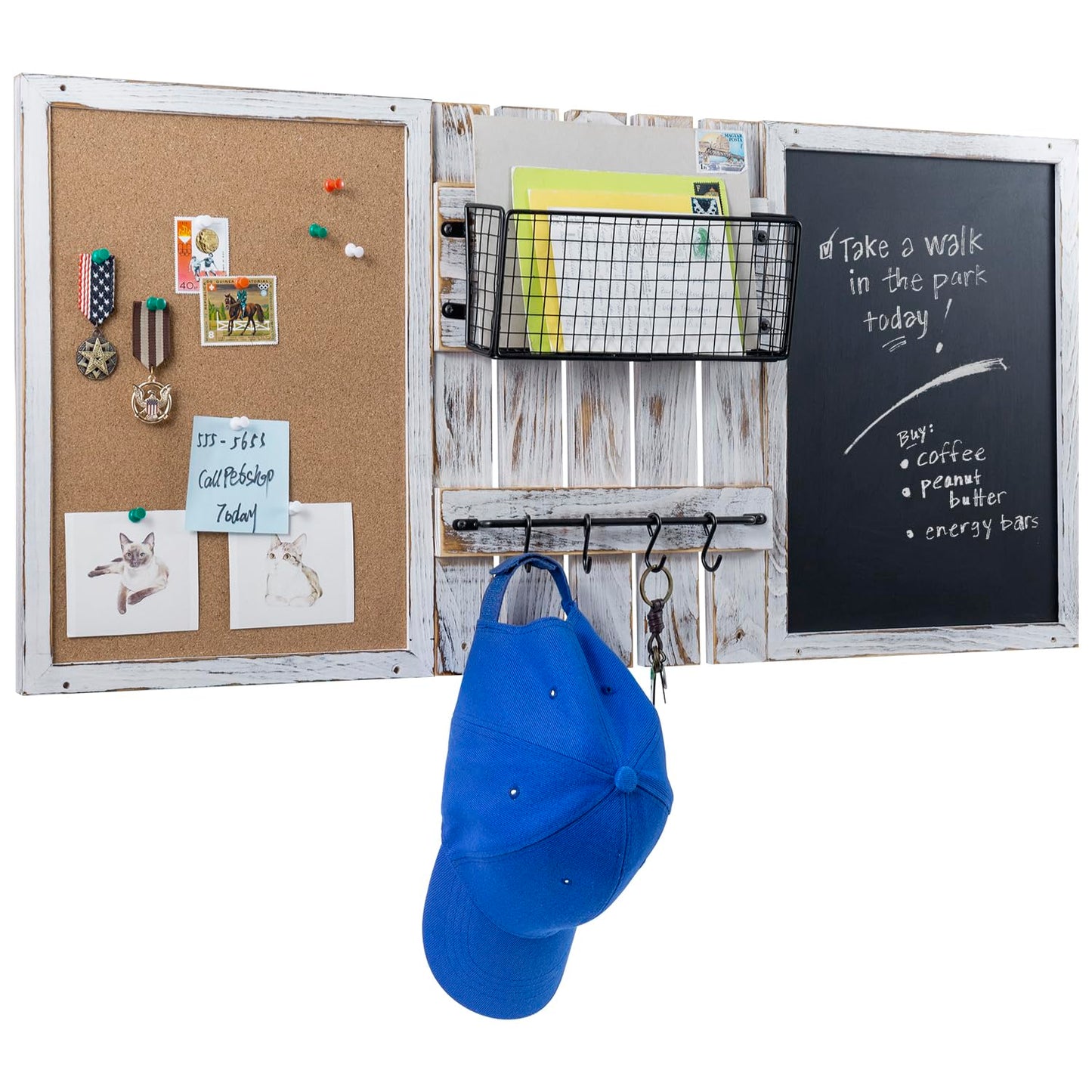 MyGift 3 Panel Wall Mounted Entryway Bulletin Board Combo Set with Shabby White Washed Solid Wood Frame, Chalkboard, Cork Board, Black Metal Mail Basket, and Hanging Rail