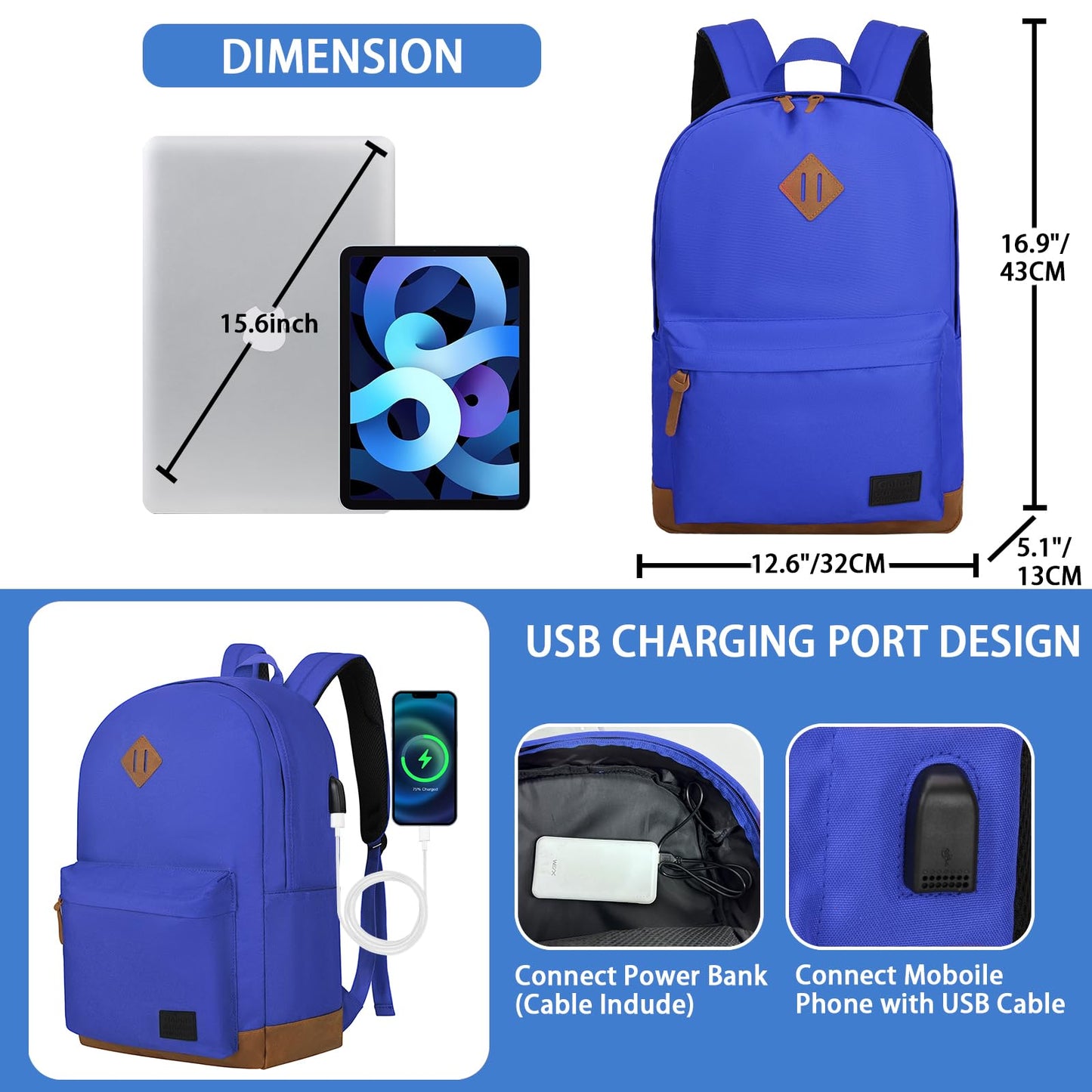 Goloni Backpack for Men Women,Travel Laptop Backpack, Water Resistant 17.3 Inch USB Charging Backpack, Large Capacity Work Commute Bag,Blue