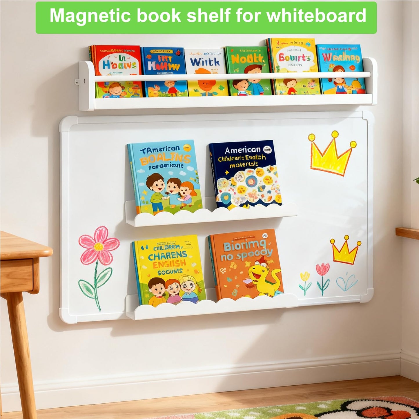 luniteling 2 Pack Magnetic Book Shelf for whiteboard,12.5LBS Holder Acrylic Scalloped Floating Shelves,16.73"x2.56"x2.76 Magnetic Floating Shelf for Classroom, Home & Office & Refrigerator Use(White)