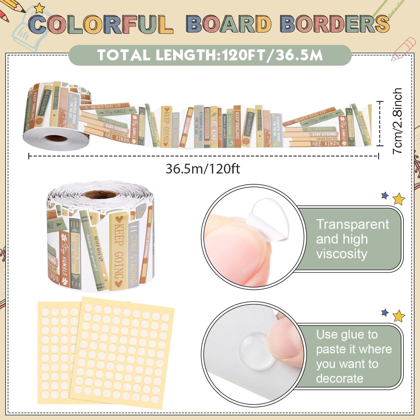 Tenceur 120 ft Bookshelf Border Trim Book Rolled Border Trim Decor Back to School Straight Bulletin Board Set for Library Classroom Poster Board Whiteboard Wall Decoration(Earth,Boho)