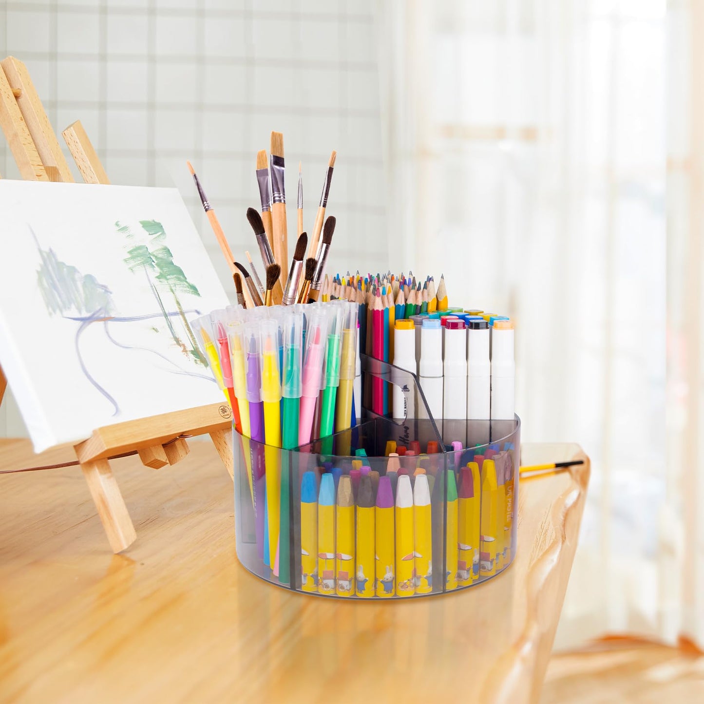 Absonic 250pcs Acrylic Pencil Holder Marker Organizer, 360-Degree Rotating Pen Holder, Crayon Organizers for Kids Pencil Organizer Caddy Art Supply Kids Desk Organizers for Office Home School, Black