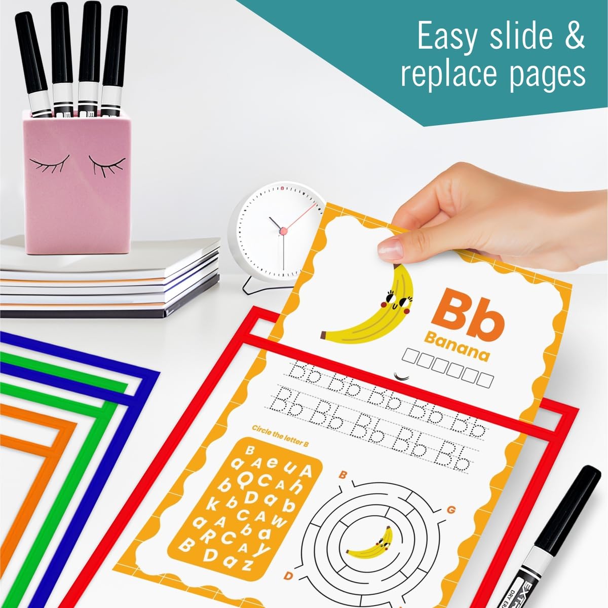 EXTRIC 24 Pack Dry-Erase Sheets, Clear Plastic Paper Sleeves, Assorted Color, 10x16 inches, 24 Pieces