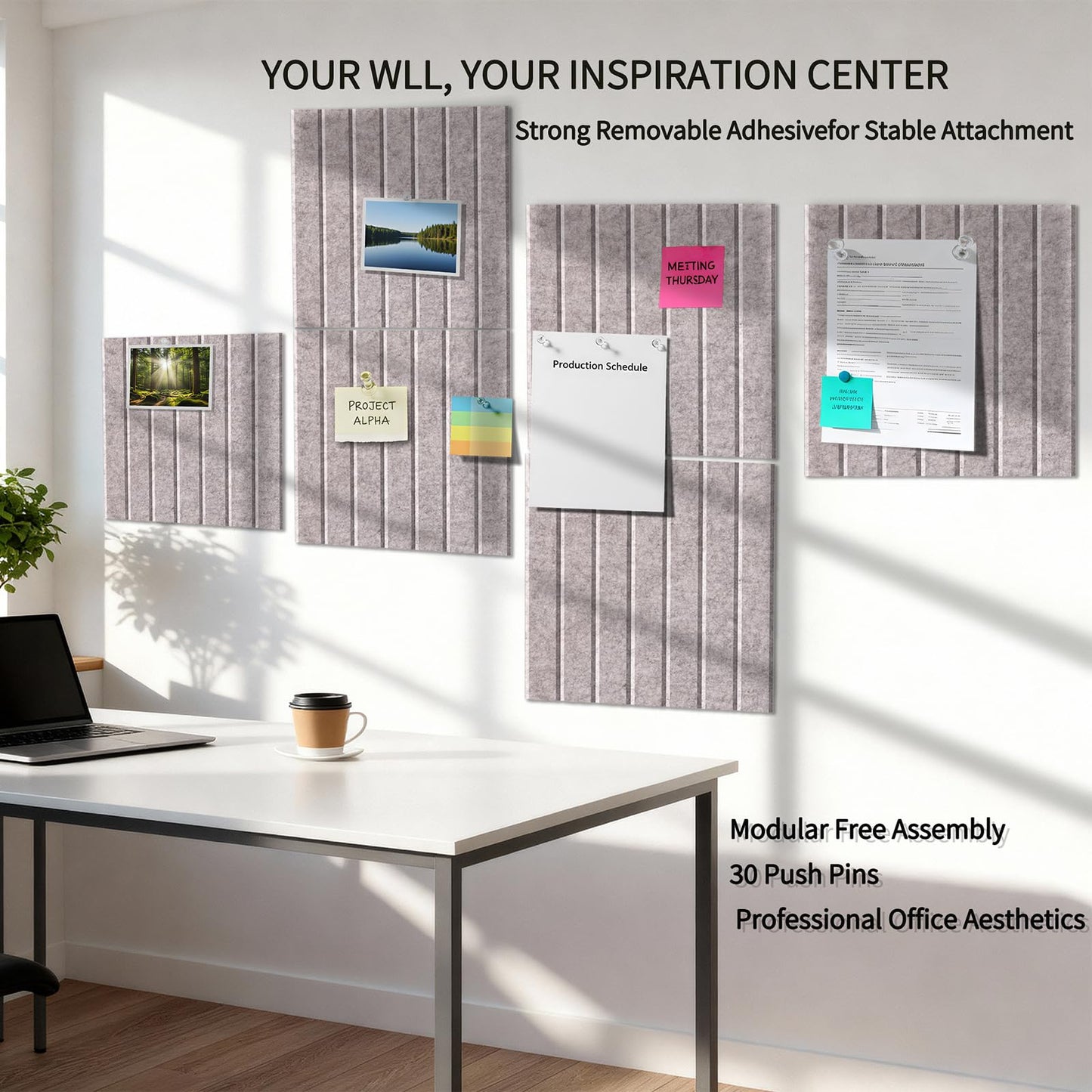12 Pack Bulletin Boards 48" x 36" Alternative Cork Board for Office,Built-in Storage Device，Large Cork Boards for Walls ， Felt Wall Tiles, Contains Removable Security Stickers and PushPins (V-Gray)