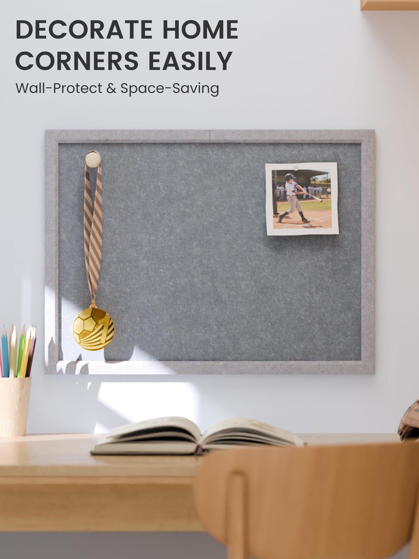 Fluxynara Foldable Cork Board Alternative, Felt Bulletin Board 23.6" x 17.5" Soft Gray Frame with 12 Adhesive Tabs, Pin Board for Home Office, Classroom, Entryway, Kitchen Wall Decor—Blue Gray