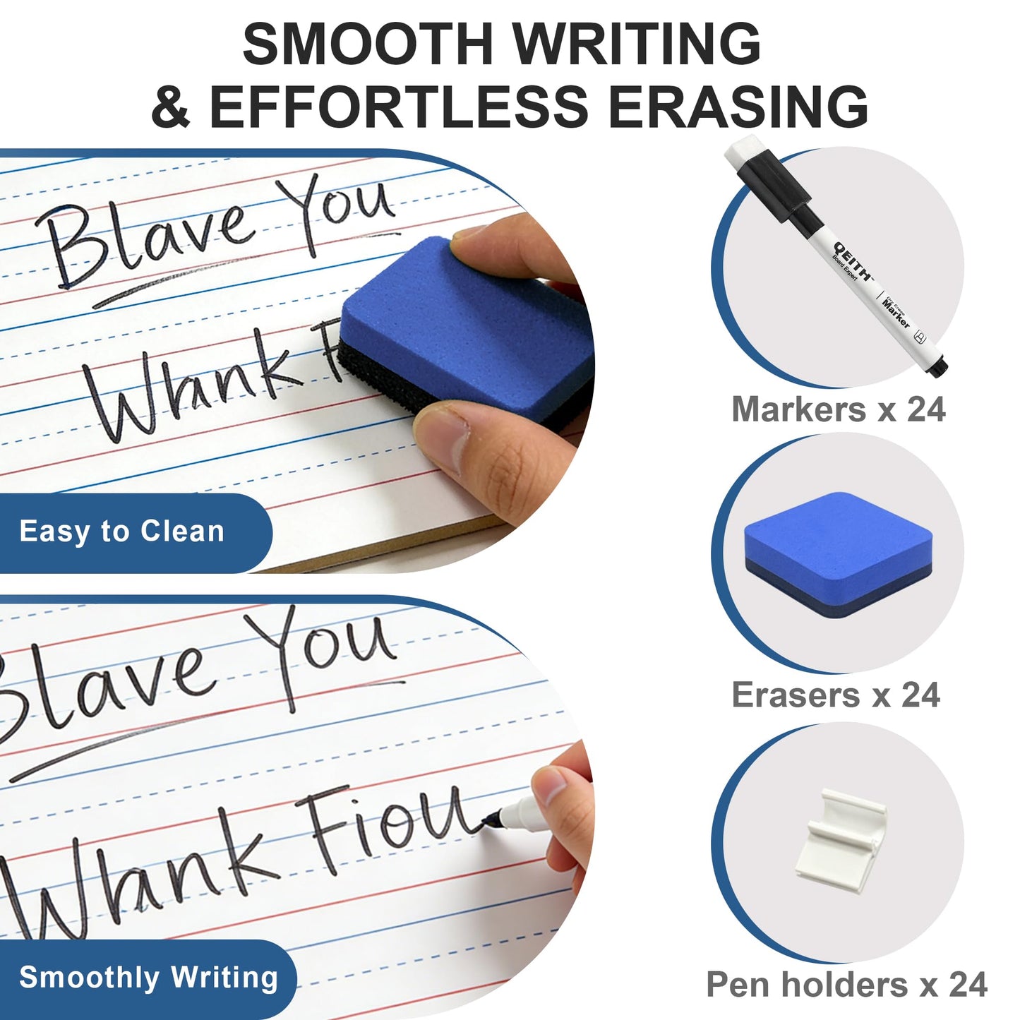 Dry Erase Boards, 24 Pack 9 x 12 Inch Mini Portable Practice White Boards with 24 Markers, 24 Erasers, Double Sided Personal Small Whiteboards with Lines for Kids, Students, Teachers Classroom School