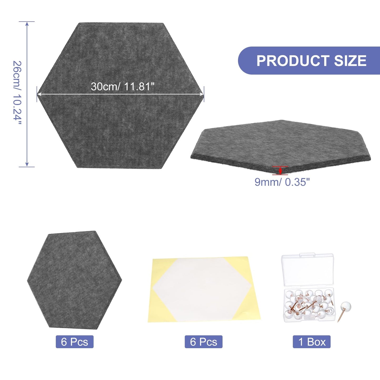 PATIKIL Felt Bulletin Board, 12"x10", 6 Packs Self Adhesive Hexagon Felt Tiles for Sound Proofing Wall Panels for Home Office Recording Studio,Game Room, Deep Gray