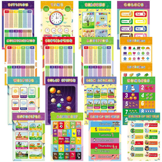 16 Pack Laminated Preschool Learning Posters for Toddlers, Waterproof Classroom & Homeschool Educational Wall Charts with Alphabet, Numbers, Math & Solar System, 16.5 × 11 in, Adhesive Dots Included