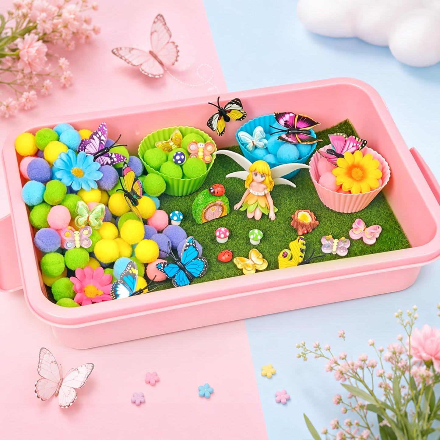 Cinrobiye 197 Pcs Butterfly Sensory Bin Fillers Set with Storage Box, Floral Garden Fairy Theme Decorations, Nature Inspired Materials for Picnic Sensory Bins, Spring Summer Home Activities