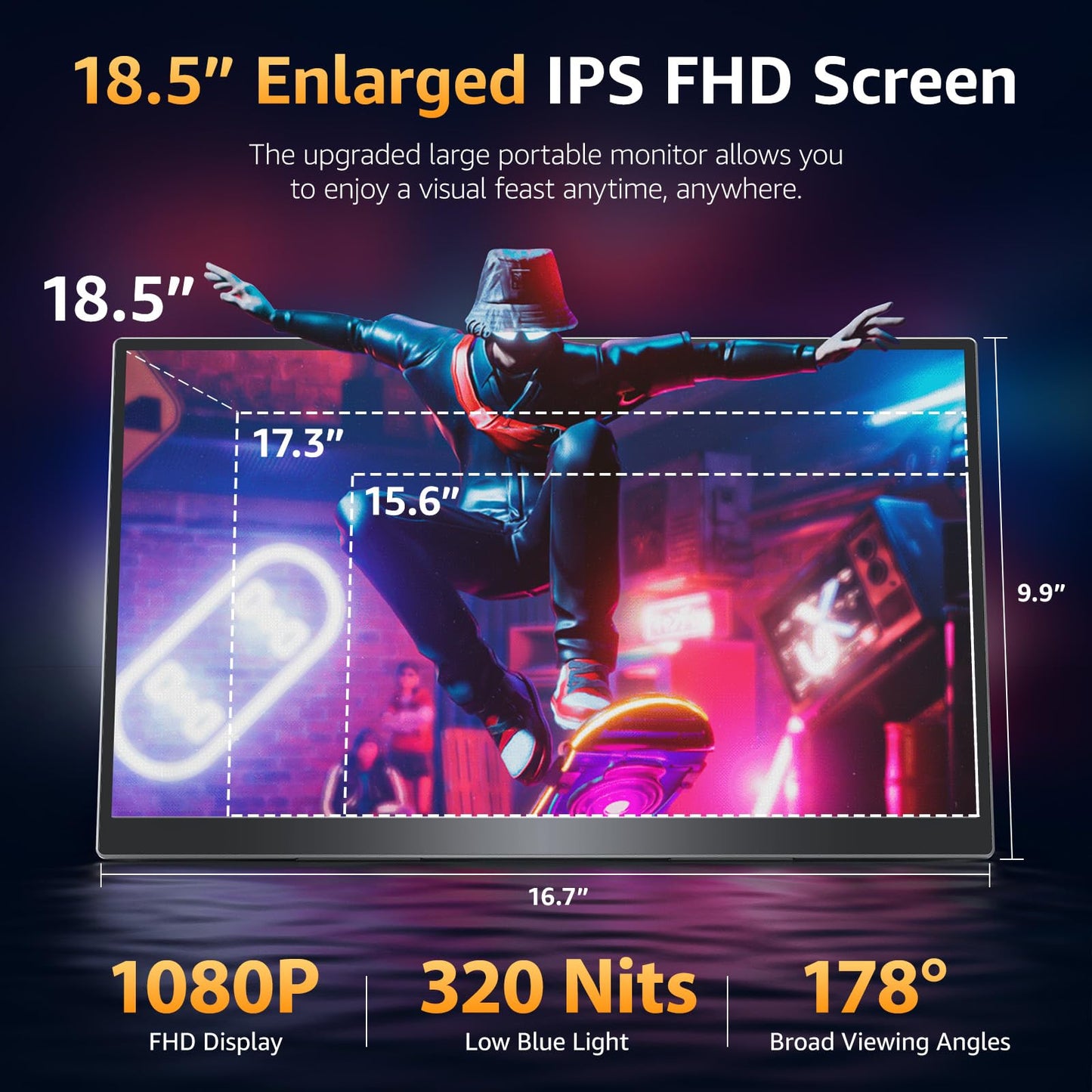 Upperizon Portable Monitor 18.5 inch FHD 125% sRGB 100Hz IPS HDR HDMI USB-C Travel Monitor for Laptop MacBook PC Surface PS5 Xbox, Large External Display with Kickstand & Speakers, VESA Compatible