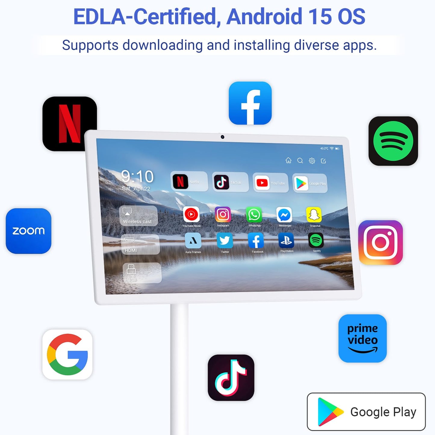 WinTang 22-Inch Portable TV on Wheels, 1080p Portable Touch Screen Monitor, EDLA-Certified, Smart Rolling TV Built-in 13MP Camera, Built-in Battery Operated TV | Android 15 | 6+128G