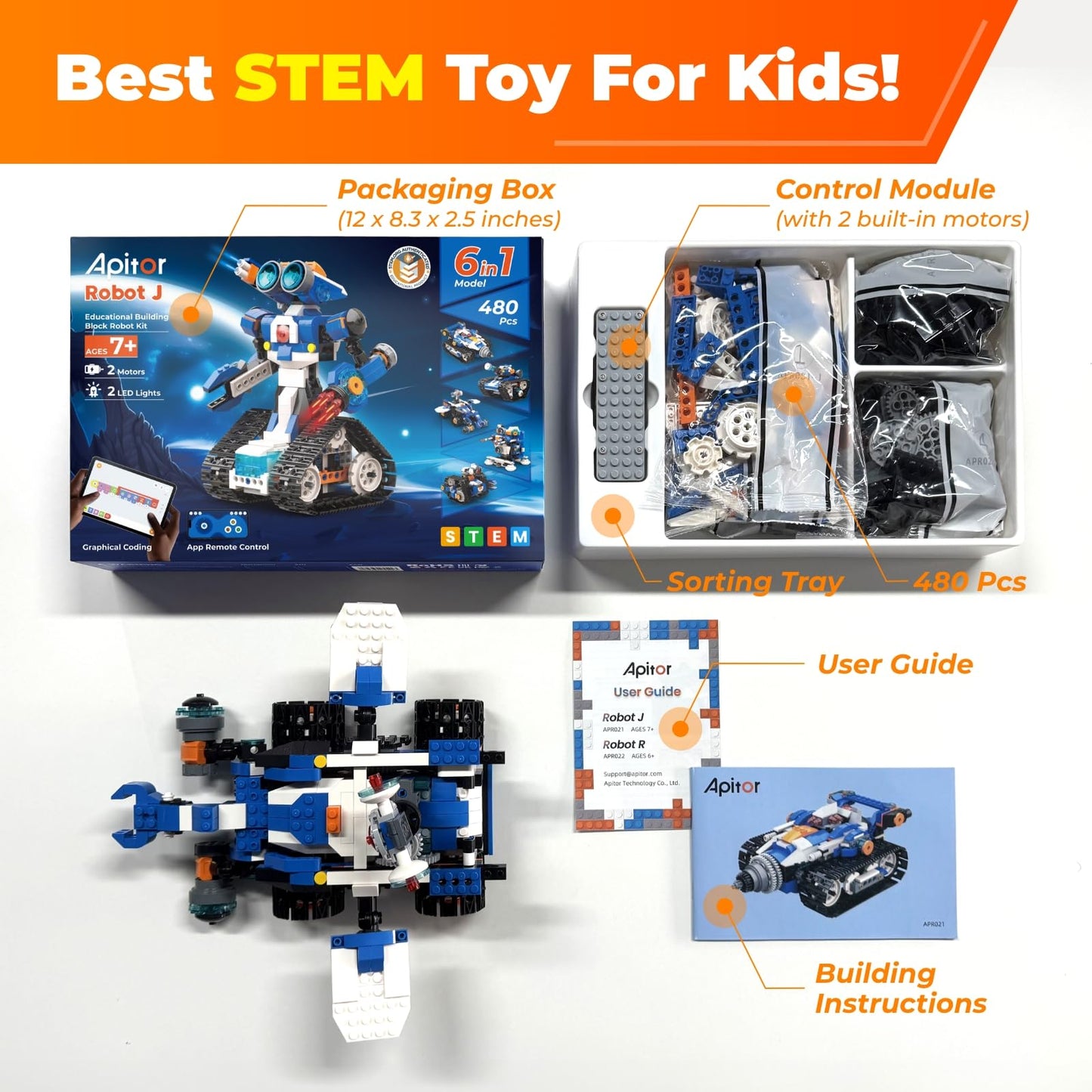 Apitor STEM Robot Toy 6-in-1 Robot Building Kit for Boys Age 8-12, APP Remote Control STEM Coding Toys, Educational Robotics Gifts for Boys Girls Kids Ages 7 8 9 10 11 12 (480 Pieces)