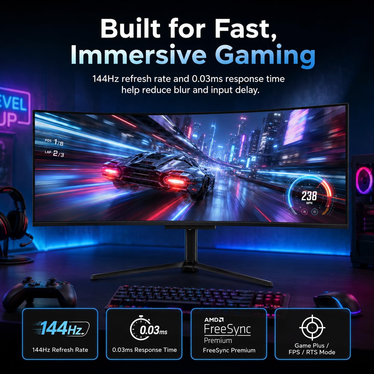 Deco Gear OLED 49 Inch Curved Monitor, 5K2K 5120×1440 Ultrawide Dual QHD, 144HZ, 0.03ms, 32:9 HDR400, Adaptive Sync, R1800 Premium 100% sRGB 90W USB-C, Built-in Speakers Height Adjustable Stand