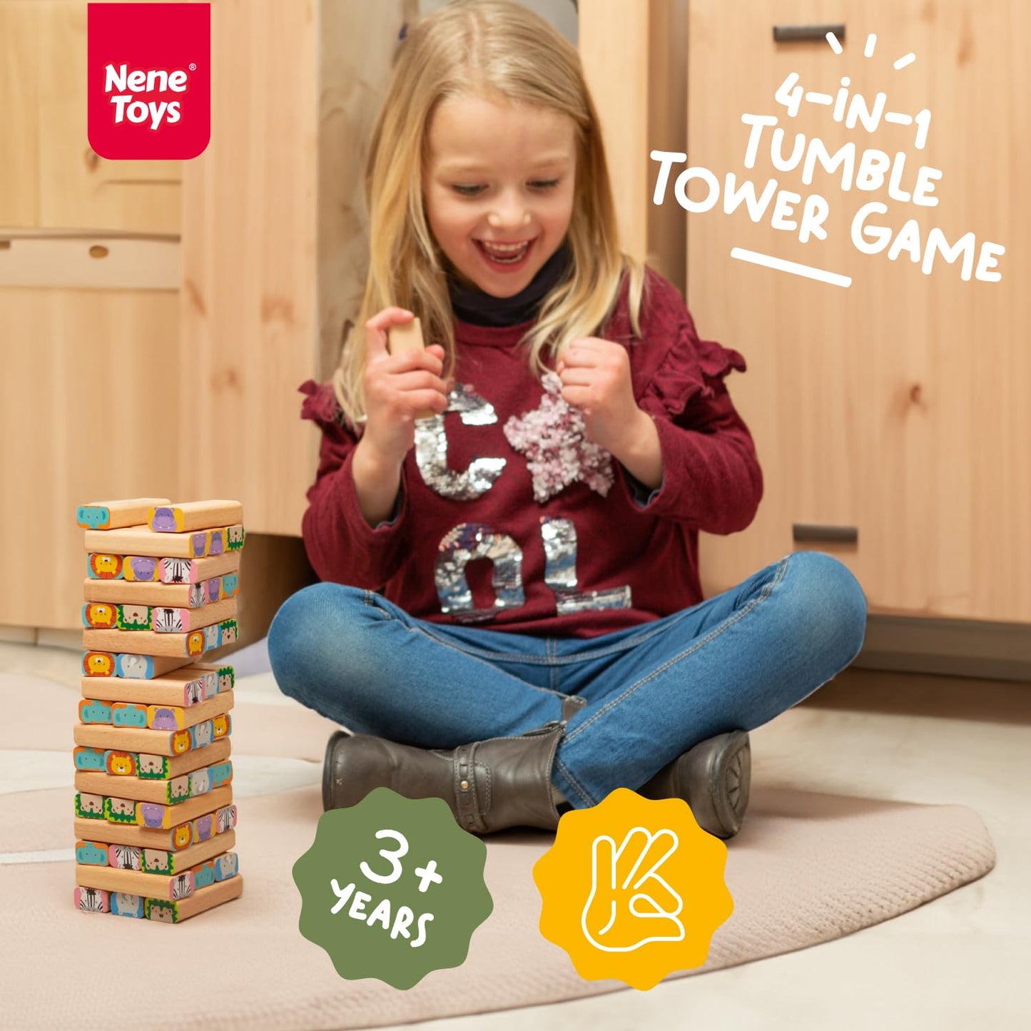 Nene Toys Wooden Block Stacking Game – 4-in-1 Tumble Tower Family Board Game with Building Blocks, Cards and Dice – African Safari Educational Wooden Toy for Kids 3-9 Years Old About Animals