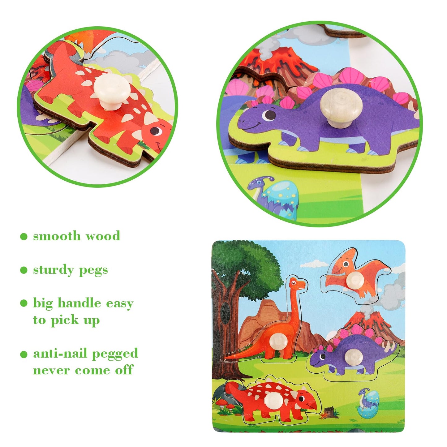 Wooden Peg Puzzles for Toddlers 1-3, Kids Educational Preschool Peg Puzzle Toy Ages 2-4, Set of 4 Dinosaur Toddler Puzzles, Ideal Gift for Ages 1 2 3 4 Boys and Girls