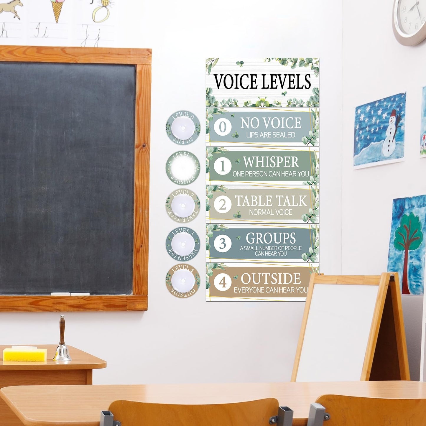 5 Pcs School Push Light and Voice Level Poster Voice Level Chart Monitor Rules Sign LED Tap Light Classroom Rules Poster Noise Chart Classroom Management Tools for Teachers（Eucalyptus Style）