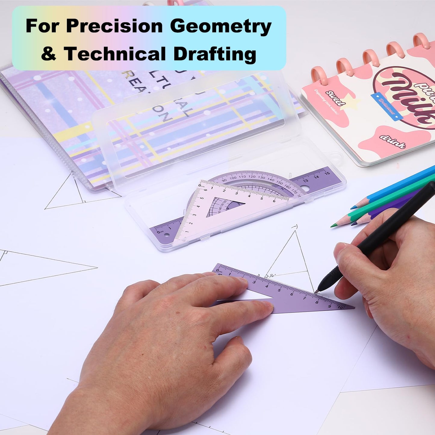PATIKIL Geometry Set, 2 Pack 8 Inch Aluminum Ruler & 4 Triangles, Metal Protractor Ruler Math Drafting Measuring Tool for Home Office Math Drawing Engineering Art,Gradient Pink