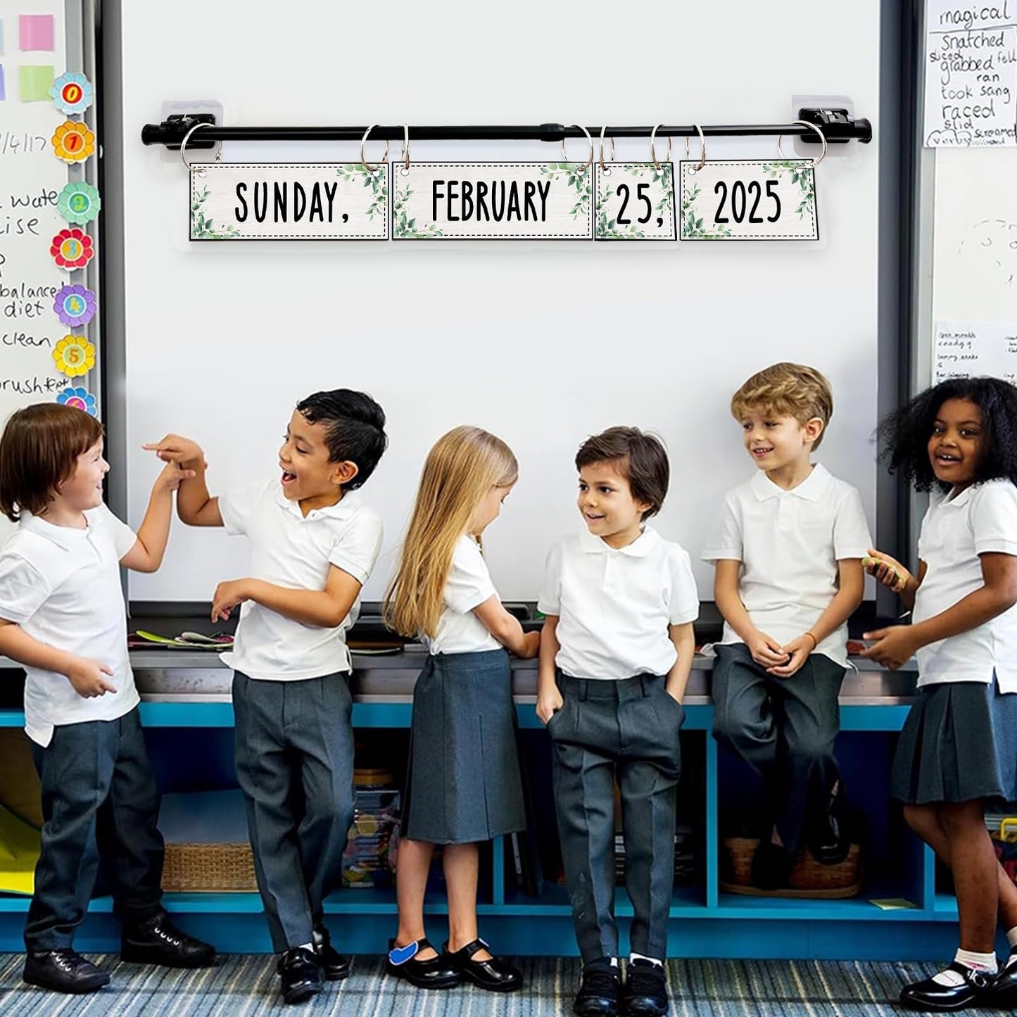 Flip Calendar Bulletin Board Set Classroom Decorations for Whiteboard with Adjustable Flip Calendar Rod Holder Date Cards Days of The Week for Classroom School Supplies(Greenery)