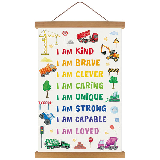 KAIRNE Colorful Motivational Quote Poster,Construction Canvas with Wood Magnetic Hanger Frame,Inspirational Truck Car Wall Art,11X17 inch for Boys Room Kids Room Playroom Nursery Classroom Decor