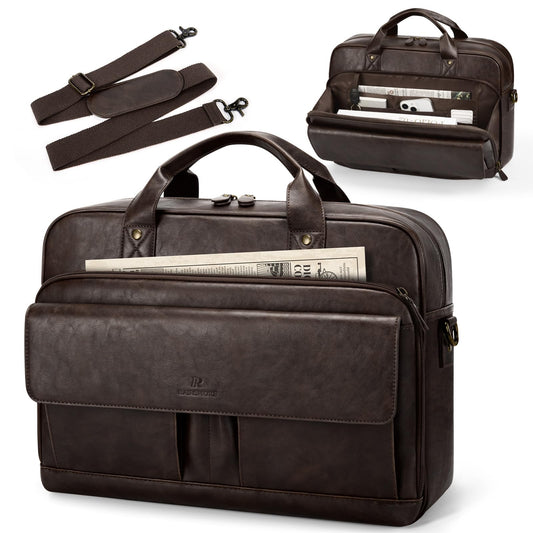 RAINSMORE Mens Laptop Bag PU Leather Messenger Bag 15.6 Inch Briefcase for Men Vintage Computer Satchel Shoulder Bag for Work, Business,Travel, Office, Coffee