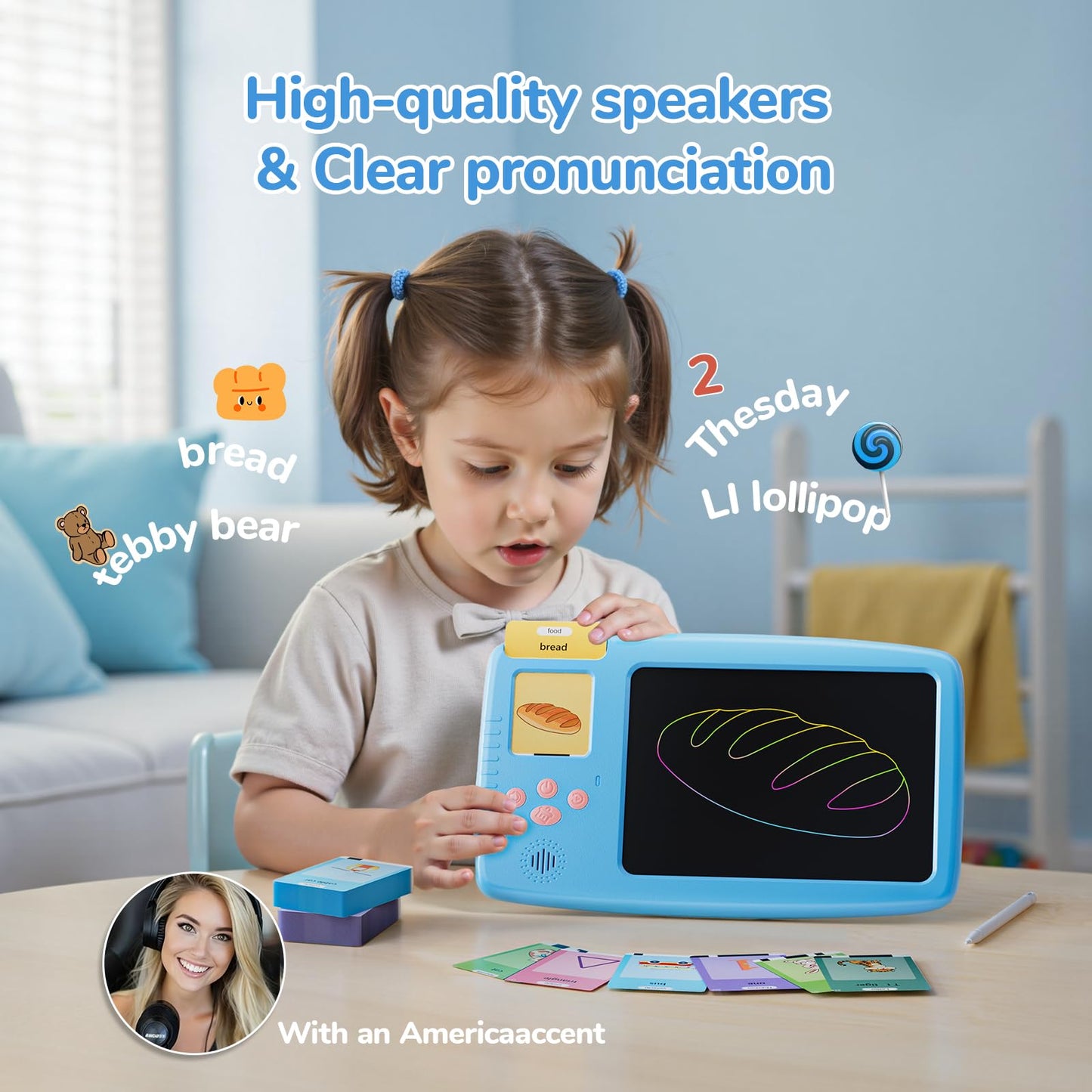 ZONSTVYS Talking Flash Cards for Toddlers: 2-in-1 LCD Writing Tablet with 510 Sight Words, Montessori Language Learning, Autism & Speech Therapy Toys for Children Ages 1-6, Blue