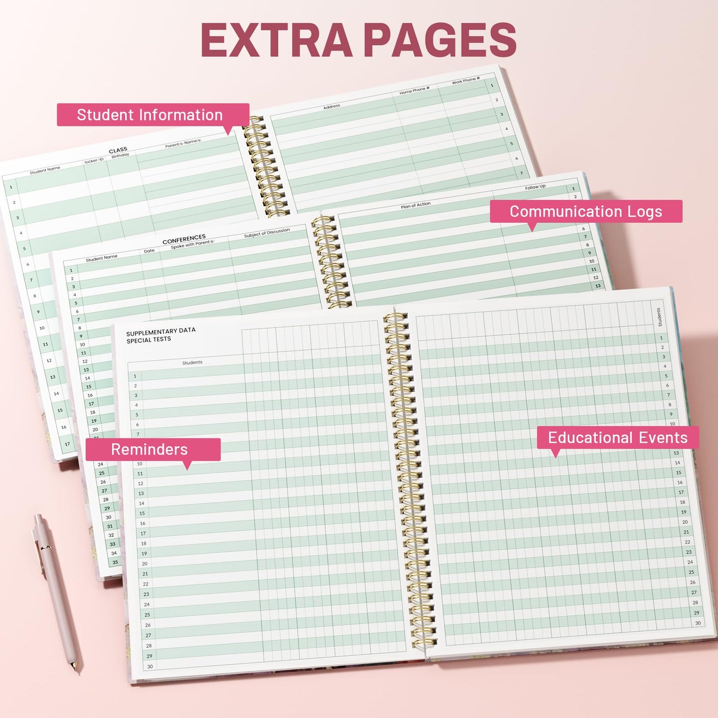 SUNEE 8 Period Teacher Lesson Plan Book - Days Vertically, Undated Teacher Planner 2026-2027 Academic Year, 8.5 x 11 Inch, 104 Pages/52 Sheets (40 Weeks), Waterproof PVC Cover, Back Pocket,Pink Marble