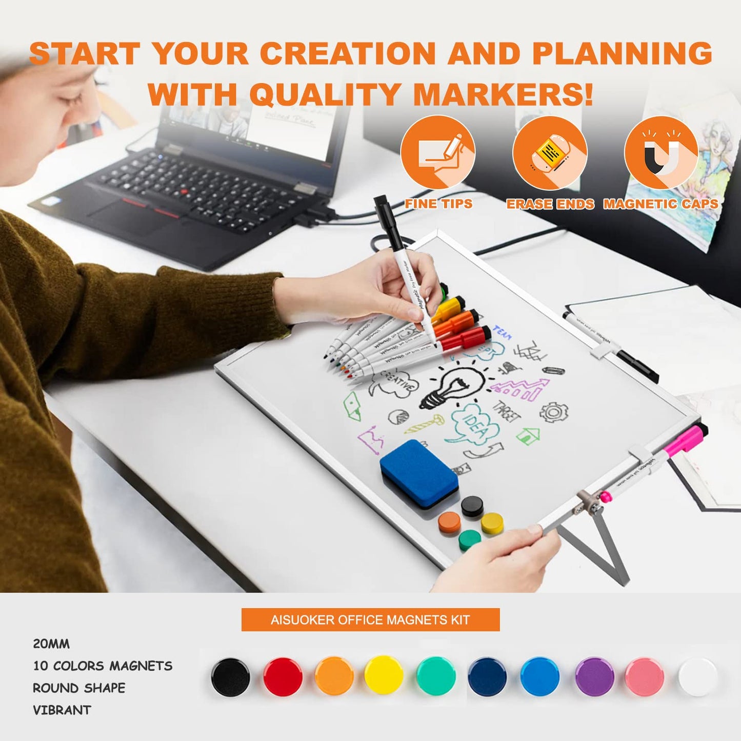 Dry Erase White Board, Aisuoker 16 x 12inch Magnetic Desktop Whiteboard with Stand,10 Markers, 10 Magnets and 1 Eraser, Portable Double-Sided White Board for Kid Drawing Memo to Do and List Wall-White