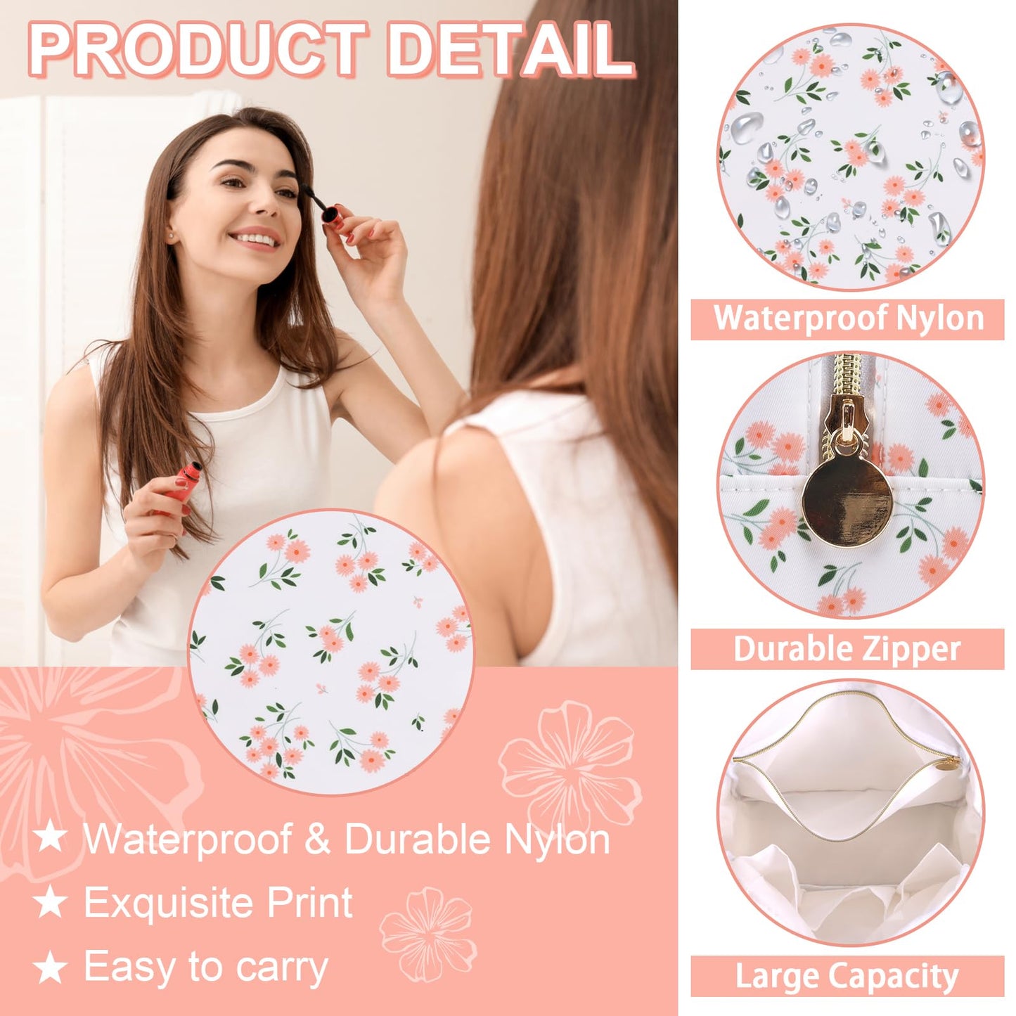 UIXIZQ Waterproof Large Floral Makeup Pouch,Nylon Travel Toiletry Storage Purse Preppy Cosmetic Bag for Women Girl,Large Capacity Makeup Organizer Zipper Pouch for Work(L White-Flowers)