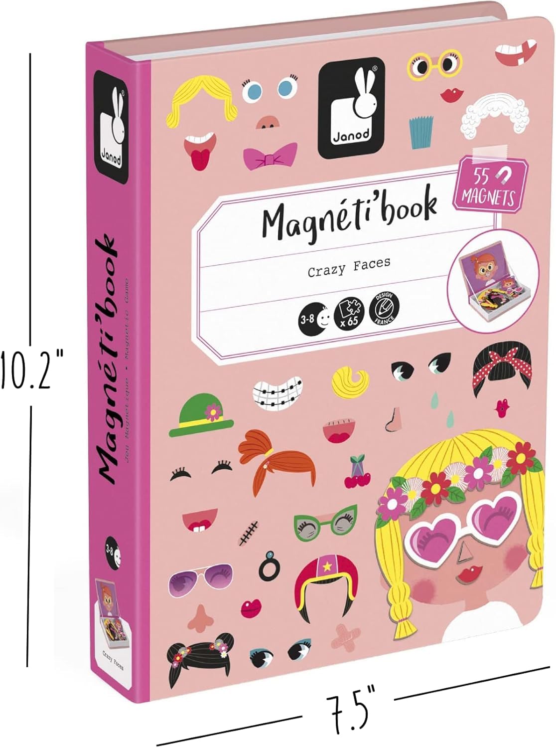 Janod MagnetiBook 66 pc Magnetic Girl Crazy Face Dress Up Game - Ages 3+ - Creative Play - Enhances Creativity and Learning - Includes 55 Magnetic Pieces and 10 Cards