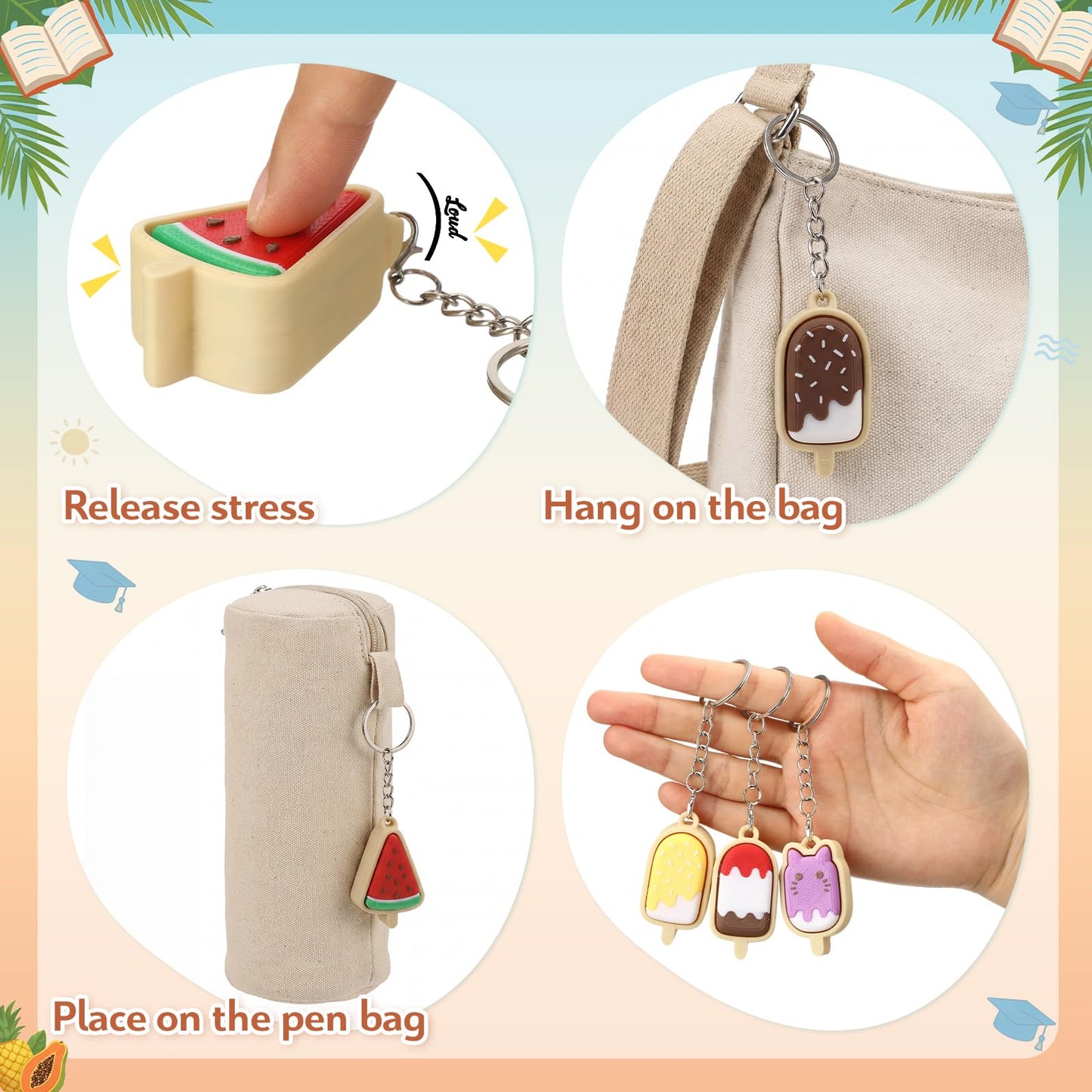 Kenning 10 Pcs Ice Cream Cone Clicker Fidget Keychains Bulk 3D Printed Sensory Clicker Fidget Toys Stress Relief Gifts for Ice Cream Party Favors Summer Birthday Goodie Bags Stuffers