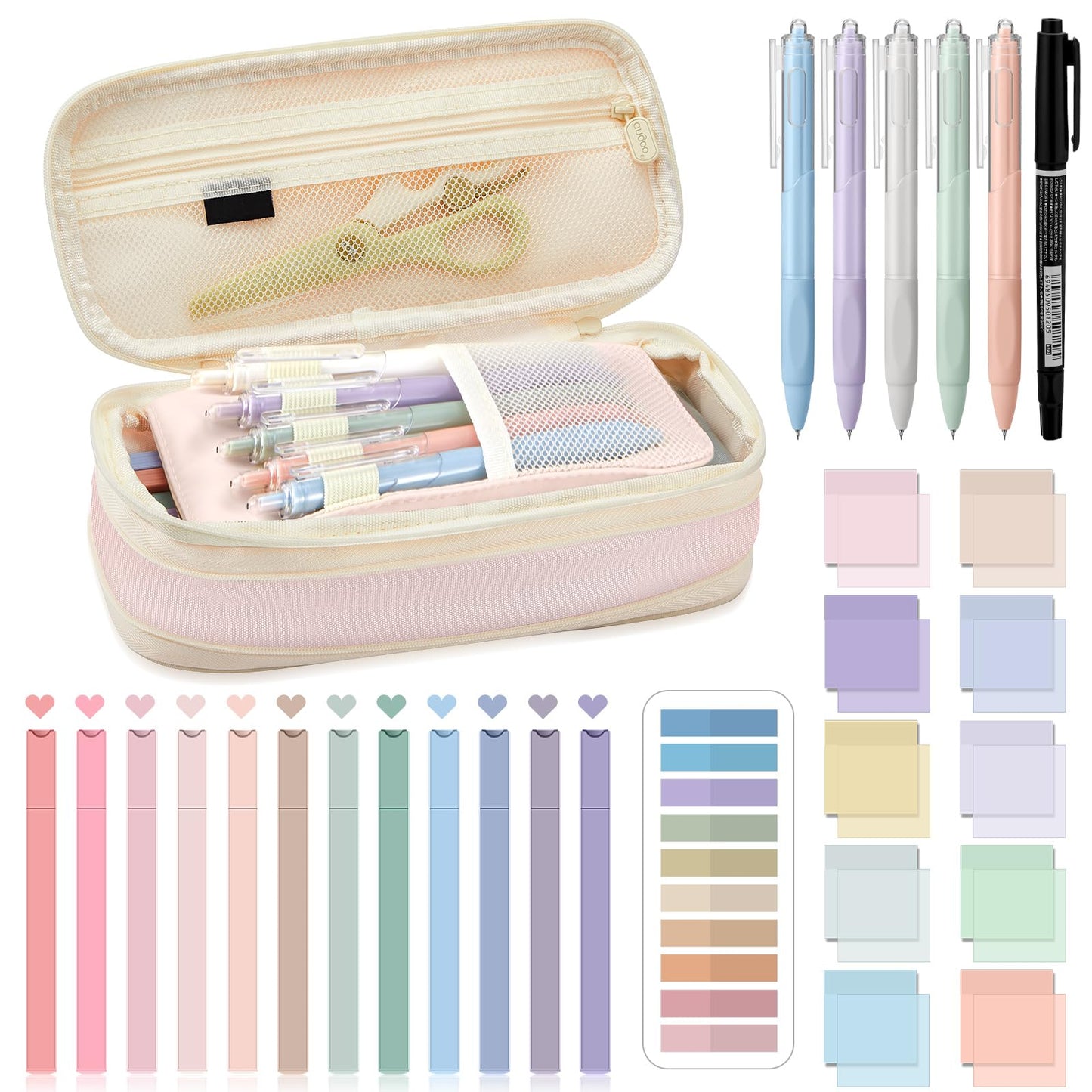 Jutom 39 Pcs Aesthetic Book Annotation Kit Highlighter with Case Bag Gel Pen Transparent Sticky Note Taking Bible Supplies(Pink,Cute Style)