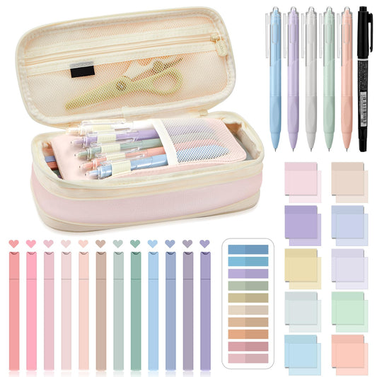 Jutom 39 Pcs Aesthetic Book Annotation Kit Highlighter with Case Bag Gel Pen Transparent Sticky Note Taking Bible Supplies(Pink,Cute Style)