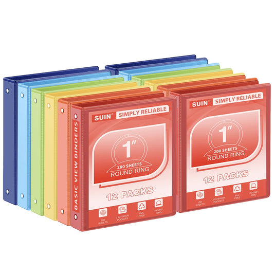 SUIN Basic 1-Inch 3-Ring-Binder, Customizable Clear View Cover, for US Letter Size 8-1/2 x 11'', Perfect for Office/School (Bright Colors -12 Pack)