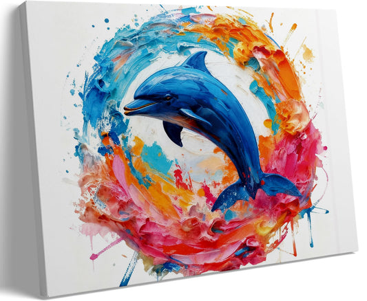 DUFIPOR Colorful Abstract Dolphin Poster Canvas Wall Art - Vibrant Modern Ocean Animal Painting Print - 12x16 Framed Graffiti Picture Decor for Teen Boy/Girl Kids/Child Bathroom Bedroom Living Room
