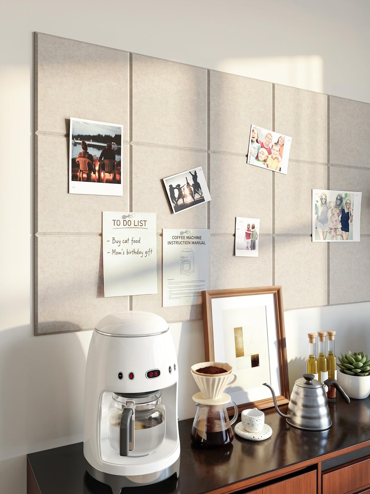 Lightomorrow 0.47" Thick Felt Pin Board Tiles, 12 Pack 11.8 x 11.8 in Bulletin Board 48" x 36", Cork Board Alternative with Adhesive & 30 Push Pins for Home Office Classroom, Oatmeal