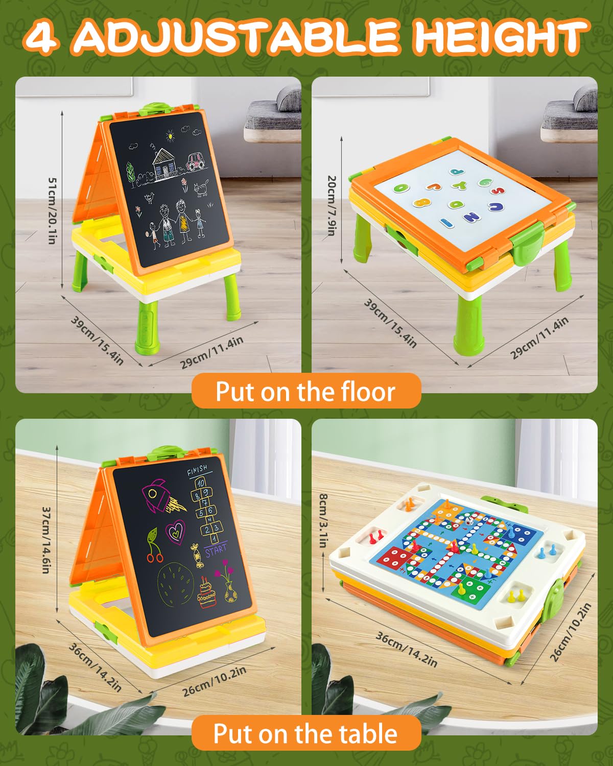 Elovien Easel for Kids, 4 in 1 Double Sided Toddler Art Easel with Chalkboard & Magnetic Whiteboard, Foldable Tabletop Easel with Drawing & Writing Accessories - Educational Gift for Boy Girl (Orange)