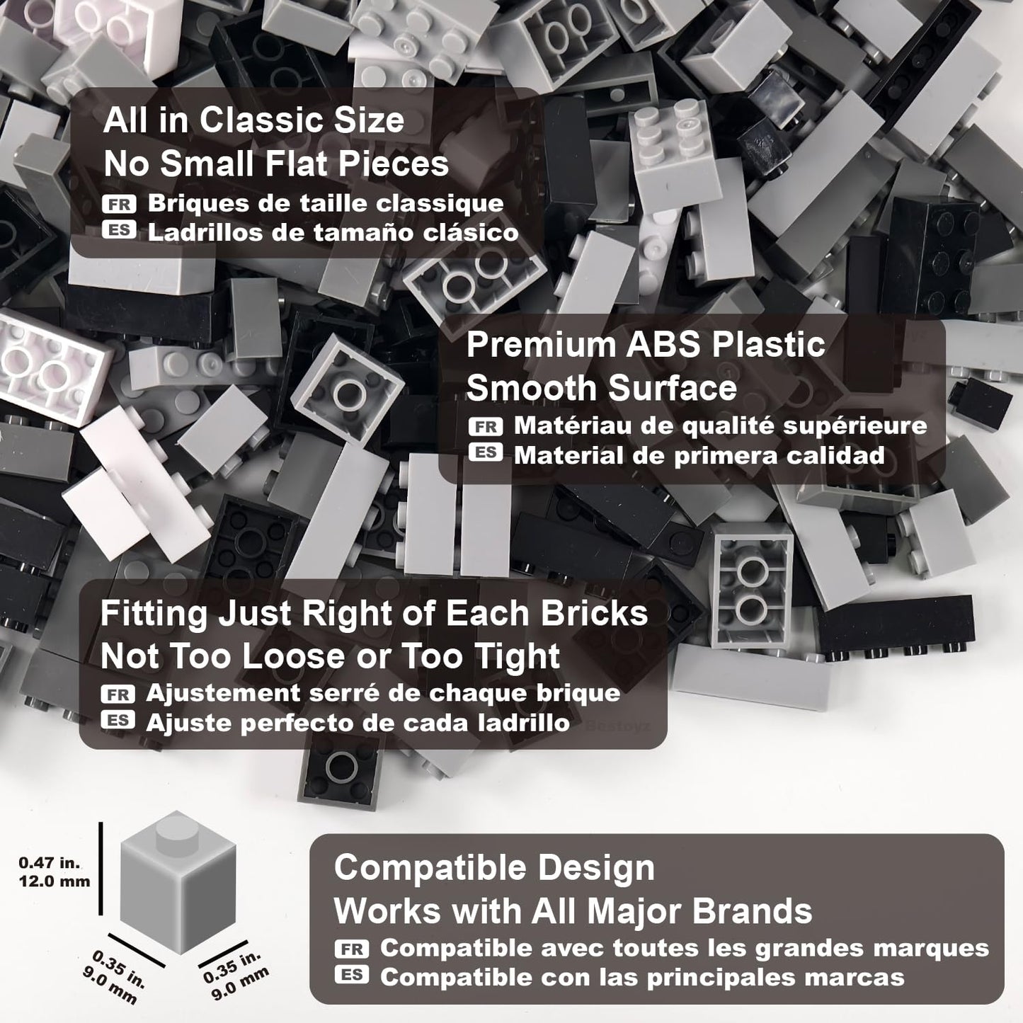 Building Bricks 1000 Pieces in Black, Dark Grey, Light Grey & White, Classic General Building Blocks Toys for Boys & Girls, Bulk Basic Brick Tiles for Adult's Building Projects