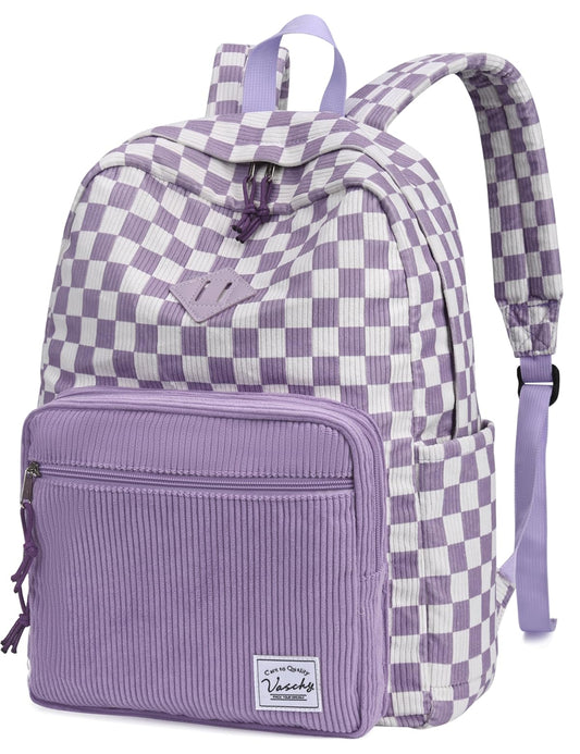 VASCHY Corduroy Backpack for Girls, Lightweight School Bag for Elementary, Middle & High School, Teen Bookbag, Women’s Casual Travel Daypack Purple Plaid