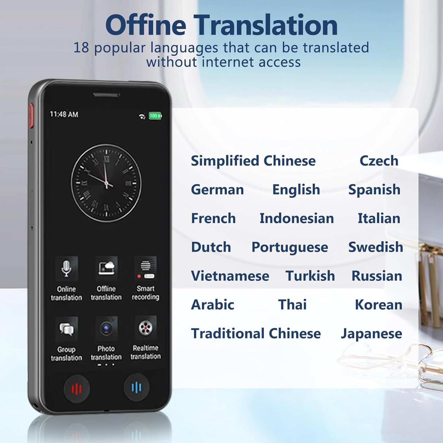AI Language Translator Device, 5" Screen Support 139 Languages Online & 17 Offline Translation, Instant Voice Text Photo Translation, No WiFi Needed Portable AI Translator for Travel Business Learning