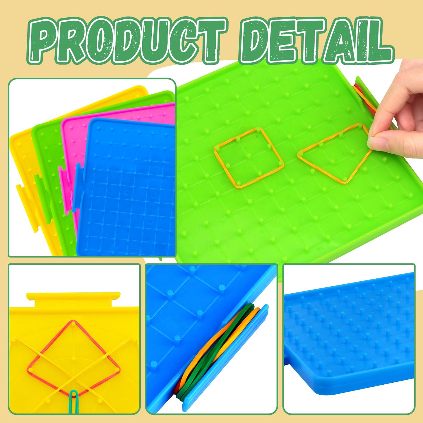 Oopsu 8 Pack Plastic Mathematical Manipulative Material Array Block Geo Board with 80 Latex Bands for Kids(4 Colors)