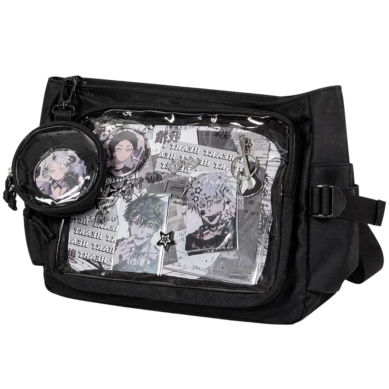 Inshere Ita Crossbody Bag, Nylon Messenger Bag with Clear Display Window and Detachable Pin Display Bag, Kawaii Shoulder Purse with Multiple Pockets, Black