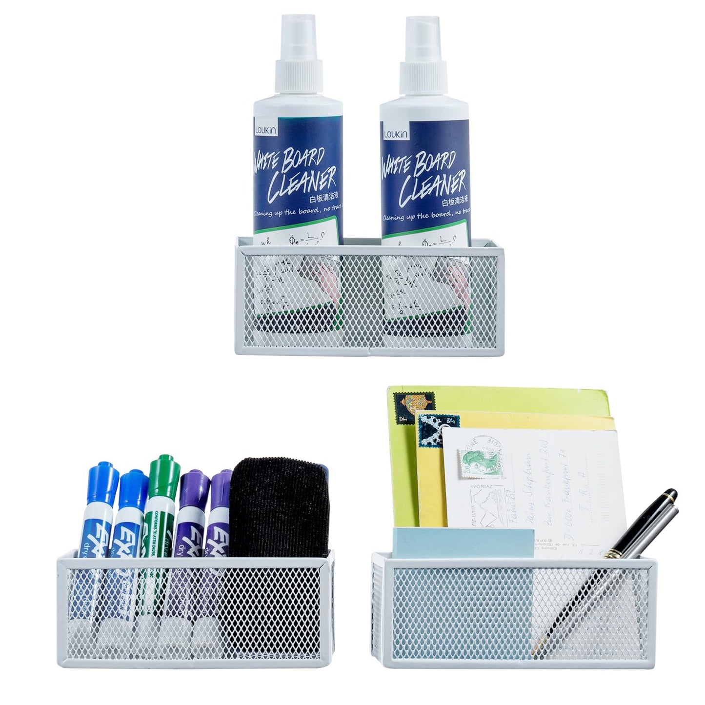 MyGift White Wire Mesh Magnetic Storage Baskets, Whiteboard Accessories, Classroom and Office Supply Organizer, Set of 3